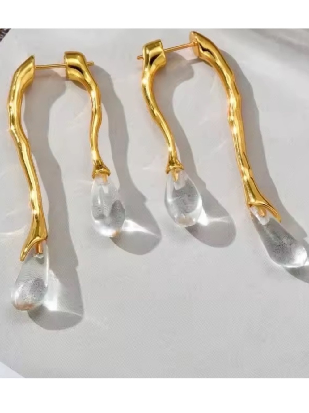 Anthropologie Gold Branch Earrings with Clear Teardrop